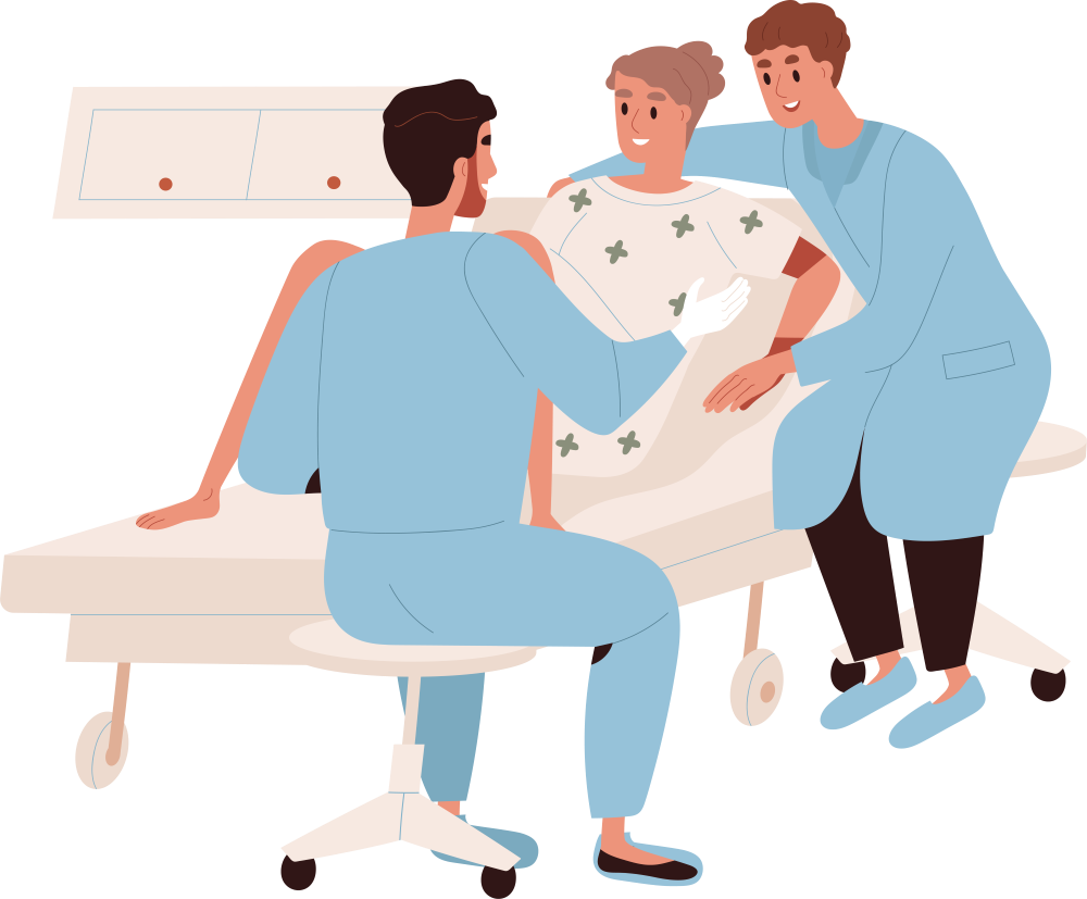 A pregnant woman is reclining on a hospital bed. Her male birth partner is supporting her while a doctor performs an examination